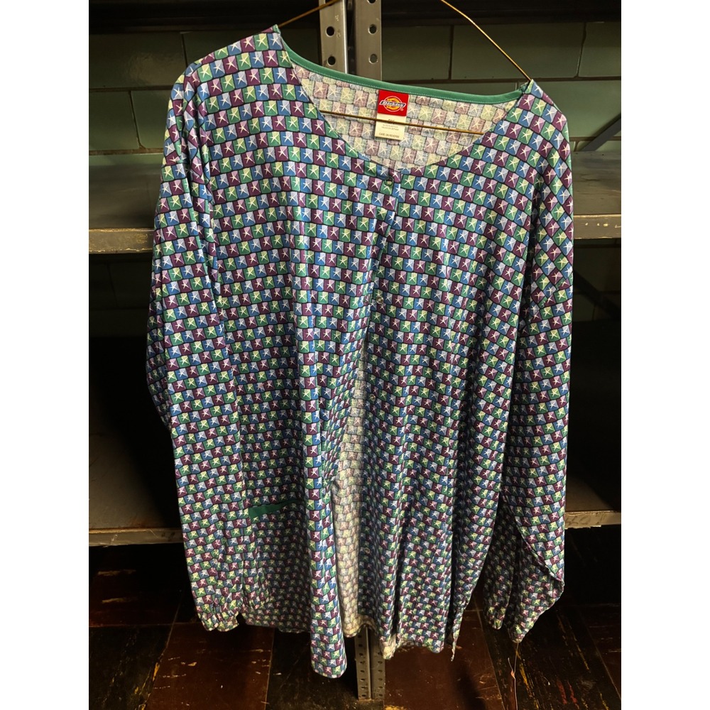 Dickies Women 2X Scrub Jacket Star Geometric Print Green Purple Snap Front Top